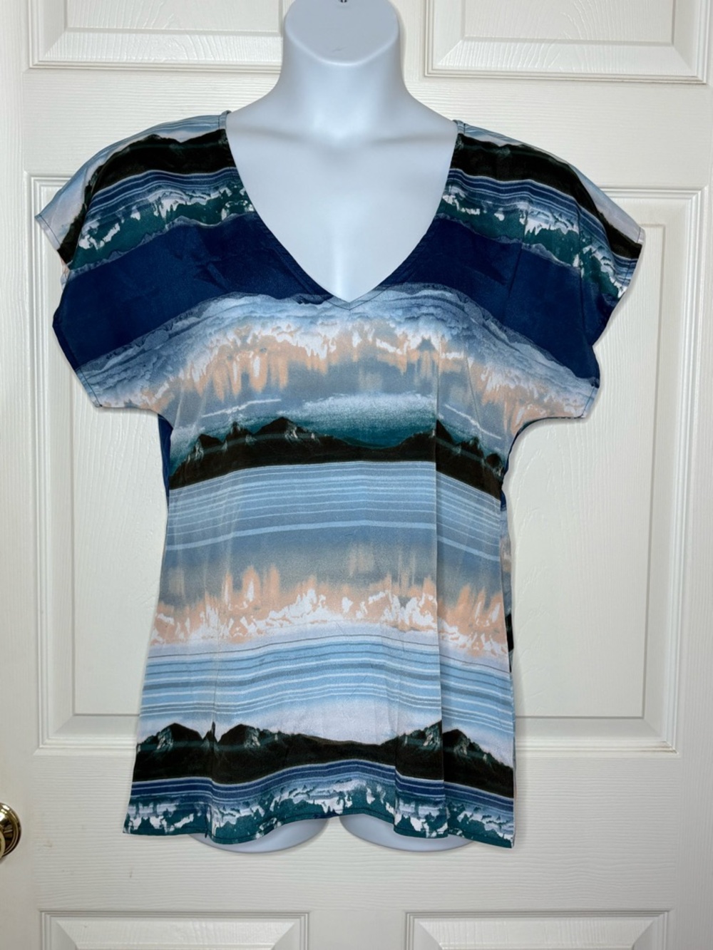 Vintage Show Me Your MuMu V-Neck Abstract Stripe Top in Navy, Teal, Cream - Picture 1 of 7